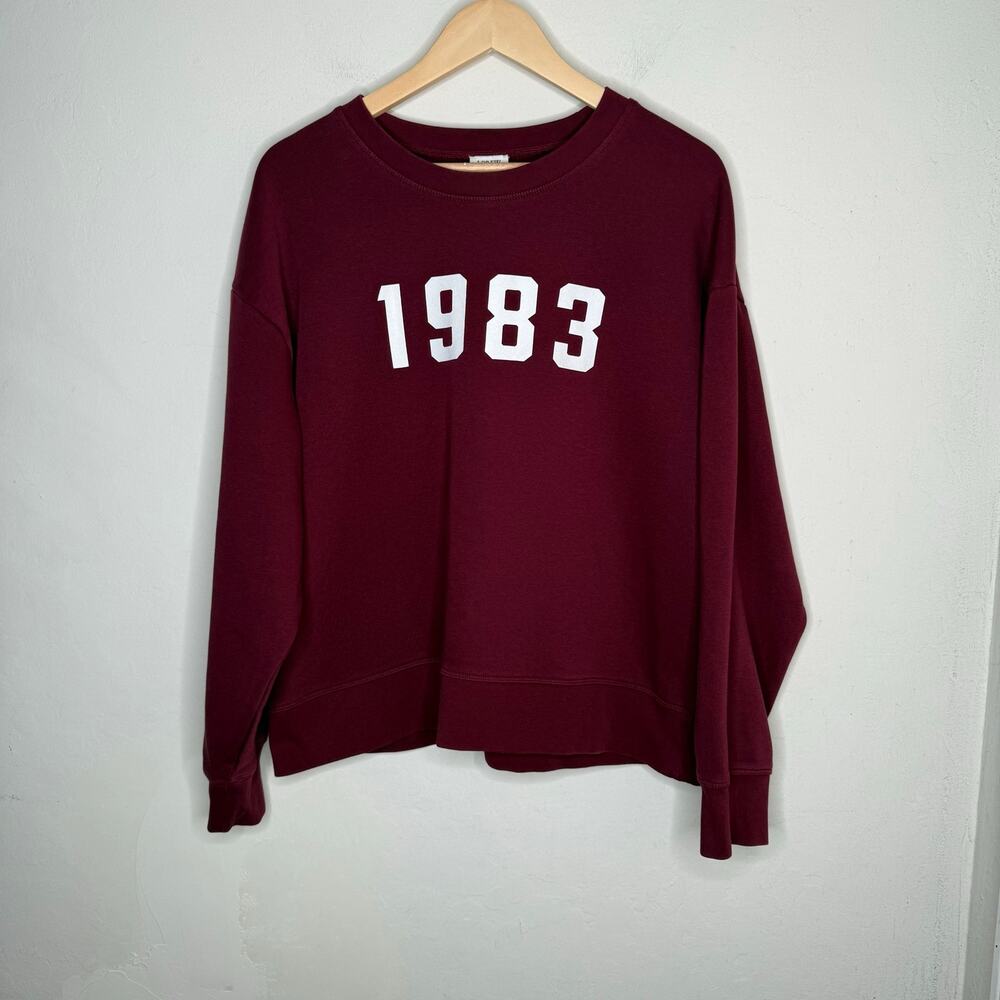 J Crew 1983 Graphic Sweatshirt XL Burgundy Oversized Casual Preppy Pullover